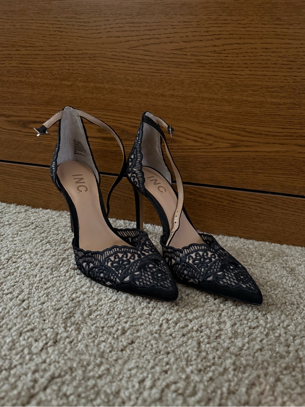 INC International Concepts Black Lace Pointed-Toe Ankle-Strap Pumps
